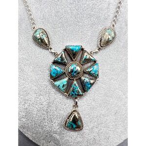 .925 Sterling Silver Turquoise Southwestern Style Y Drop Lariat Cluster Necklace
